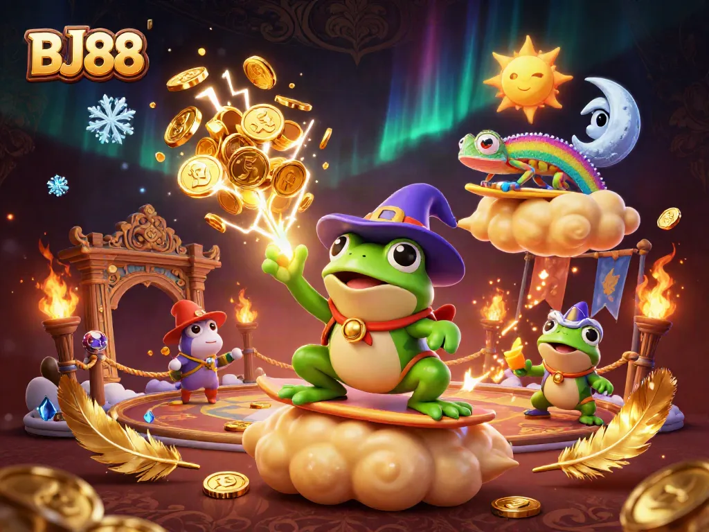 BJ88 strikes it rich with vibrant characters amid a gold-themed storm in an enchanting casino illustration.