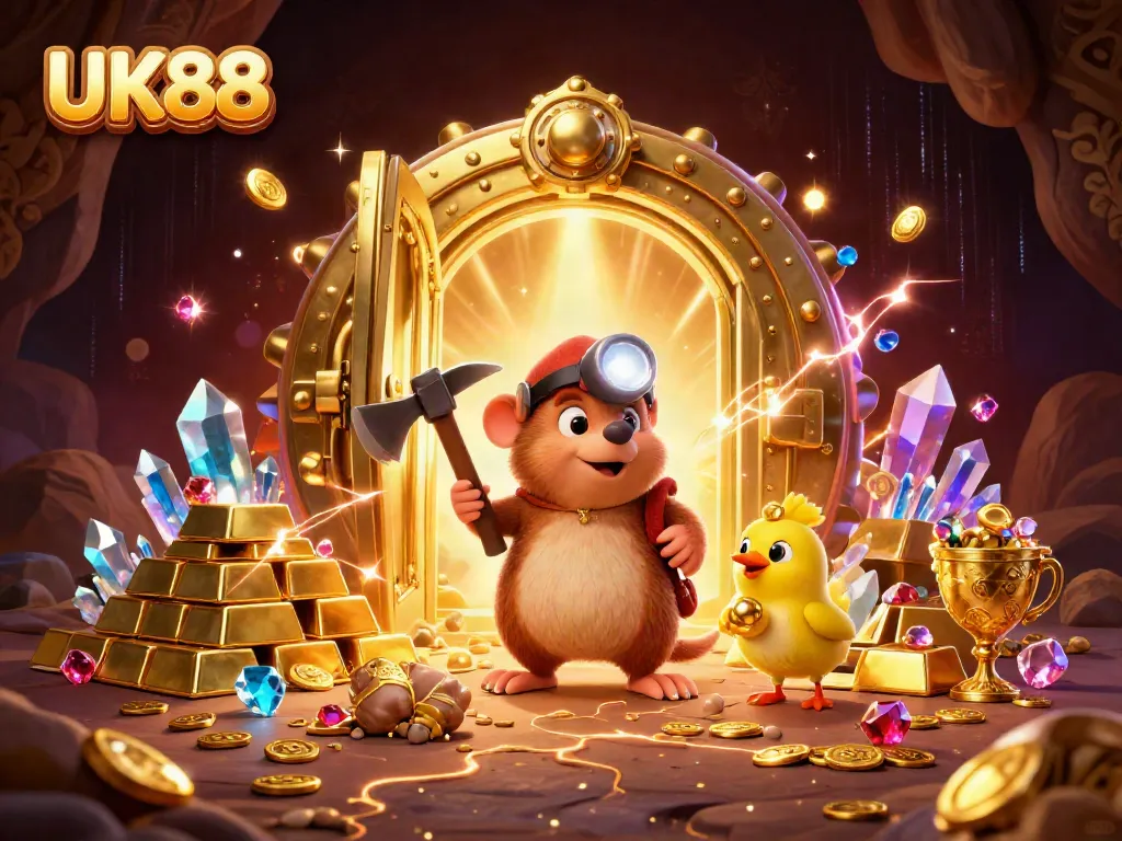 UK88 brings excitement to gaming with a treasure hunter mole exploring a vibrant cave filled with gold and gems.