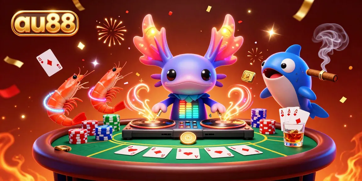 Experience the vibrant energy of au88 with a neon-colored DJ axolotl and lively sea creatures in this captivating casino scene.