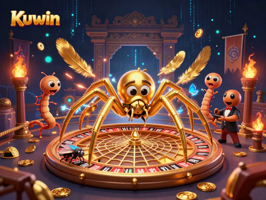 Kuwin features a golden spider creating a roulette wheel web with a fly making bets and a centipede croupier.
