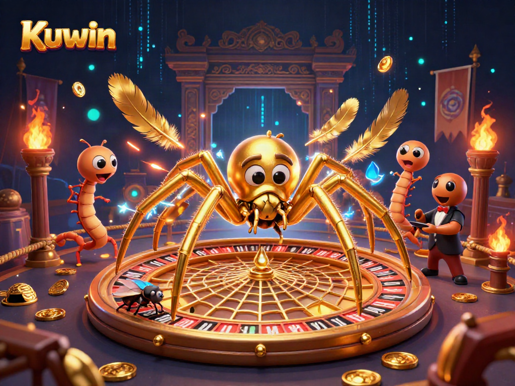 Kuwin features a golden spider creating a roulette wheel web with a fly making bets and a centipede croupier.