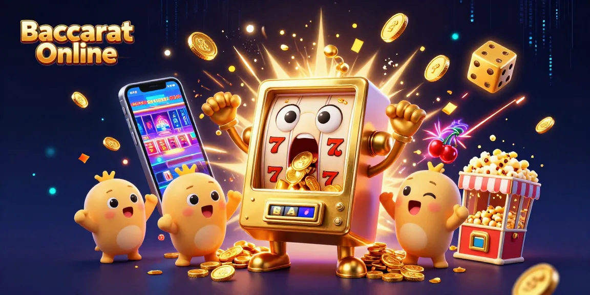 Experience Baccarat Online excitement with a gold slot machine winning big in a vibrant casino scene.
