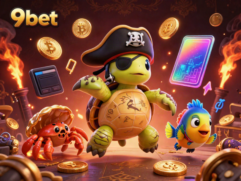 Experience exciting gaming at 9bet with colorful characters and glowing crypto elements.