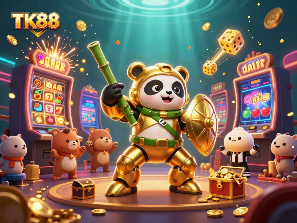 Experience the excitement of gaming at TK88 with a colorful casino-themed 3D illustration featuring animated characters.