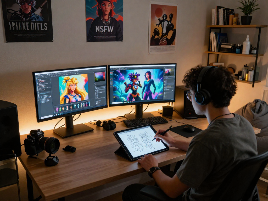 Artist designing imaginative characters for nsfw ai applications in a modern studio.