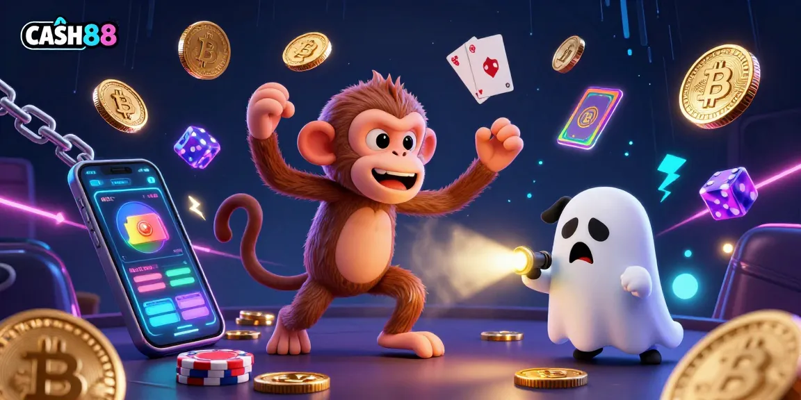 CASH88 showcases a lively scene with a poltergeist monkey juggling coins amid a haunted casino environment.