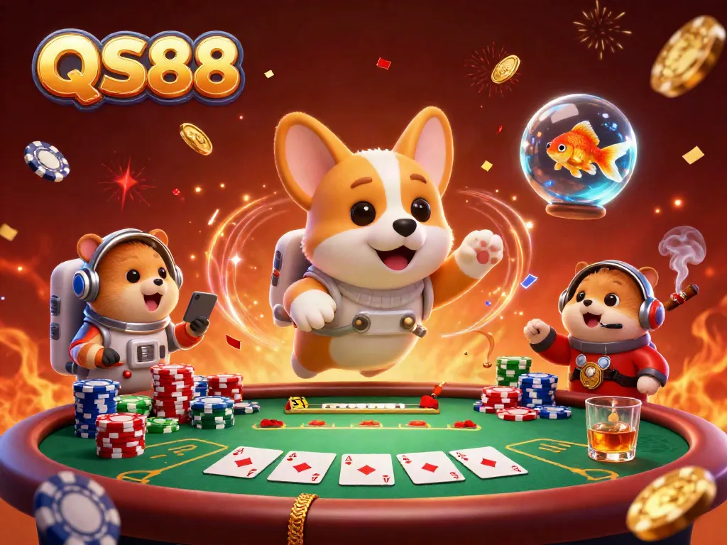 Enjoy the vibrant QS88 casino experience with our charming astronaut corgi amidst floating poker chips and festive elements.