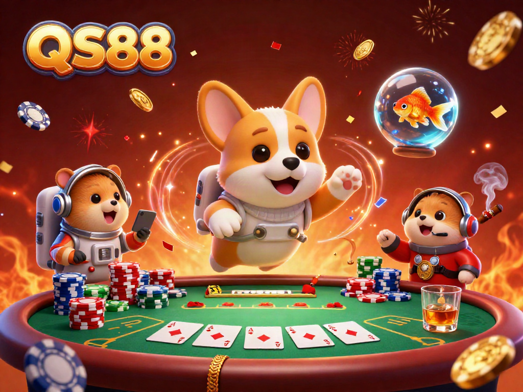 Enjoy the vibrant QS88 casino experience with our charming astronaut corgi amidst floating poker chips and festive elements.