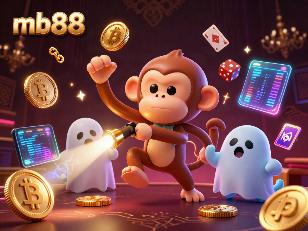 Engage with mb88’s thrilling haunted casino scene as a playful ghost monkey juggles gold coins.