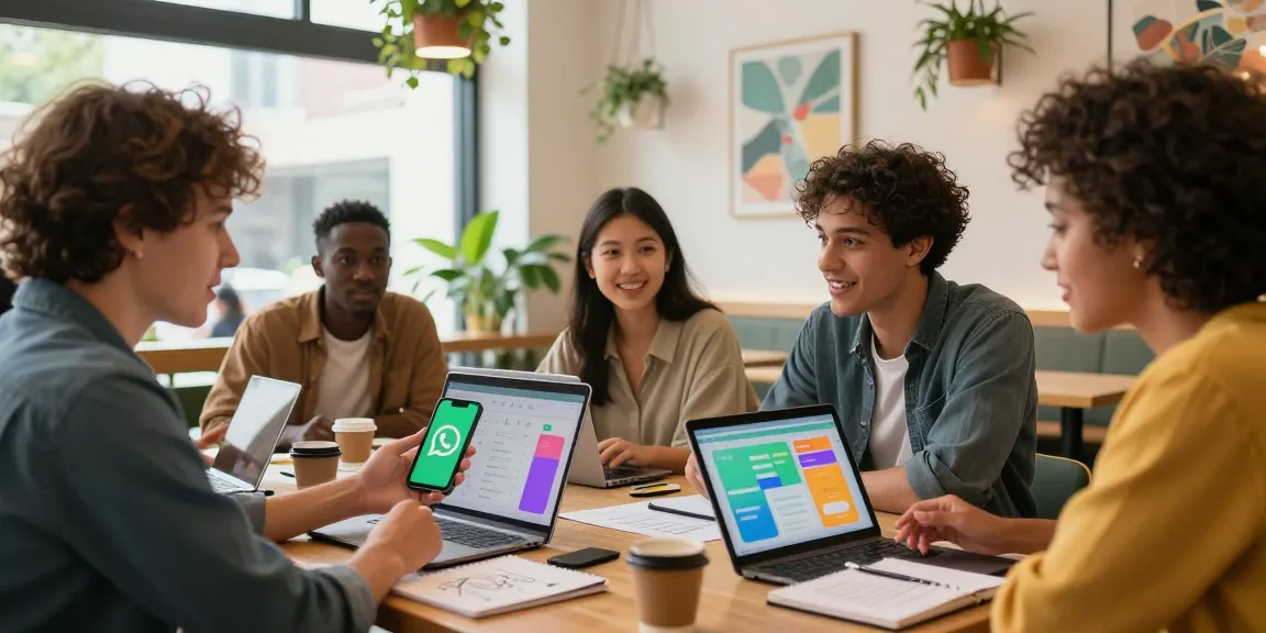 Group discussing WhatsApp下載 features at a café table with laptops and smartphones.