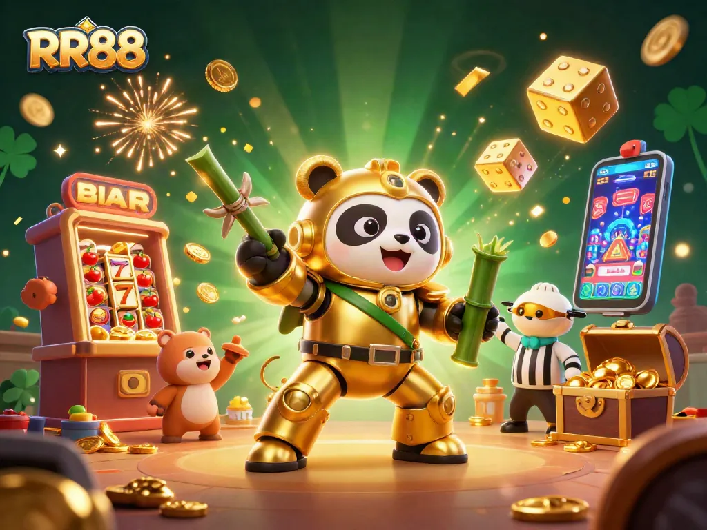 Experience the excitement of RR88 with a vibrant golden panda and jackpot explosions in this dynamic casino scene.