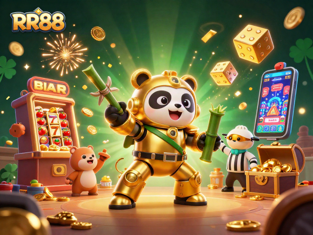 Experience the excitement of RR88 with a vibrant golden panda and jackpot explosions in this dynamic casino scene.