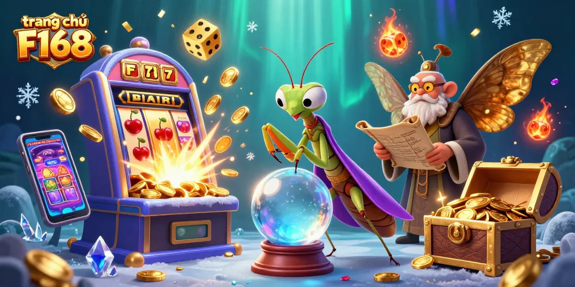 Experience winning at trang chủ F168 with a vibrant illustration of fortune tellers and a slot machine bursting with rewards.