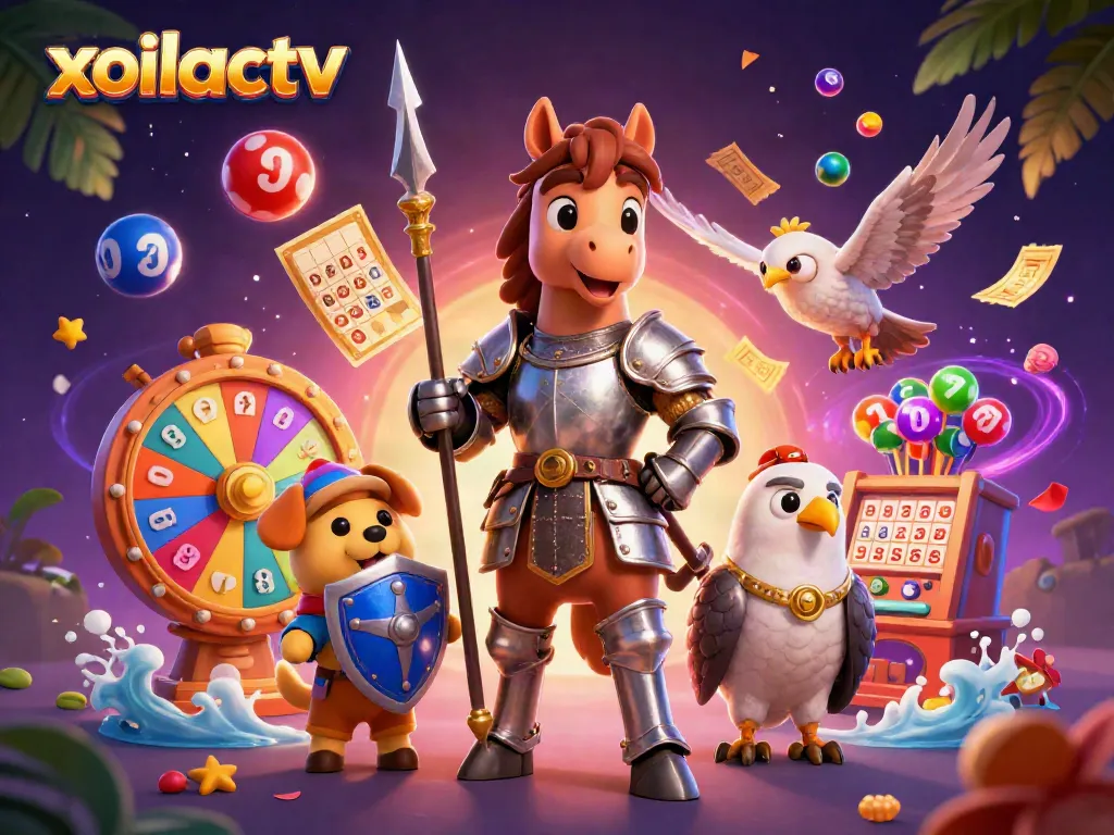 Xoilactv brings excitement with vibrant lottery elements and charming characters in a dynamic casino scene.