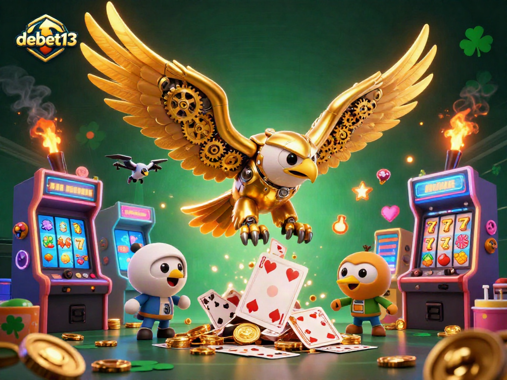 Engage with debet13 in a vibrant 3D casino-themed illustration showcasing thrilling gaming elements.
