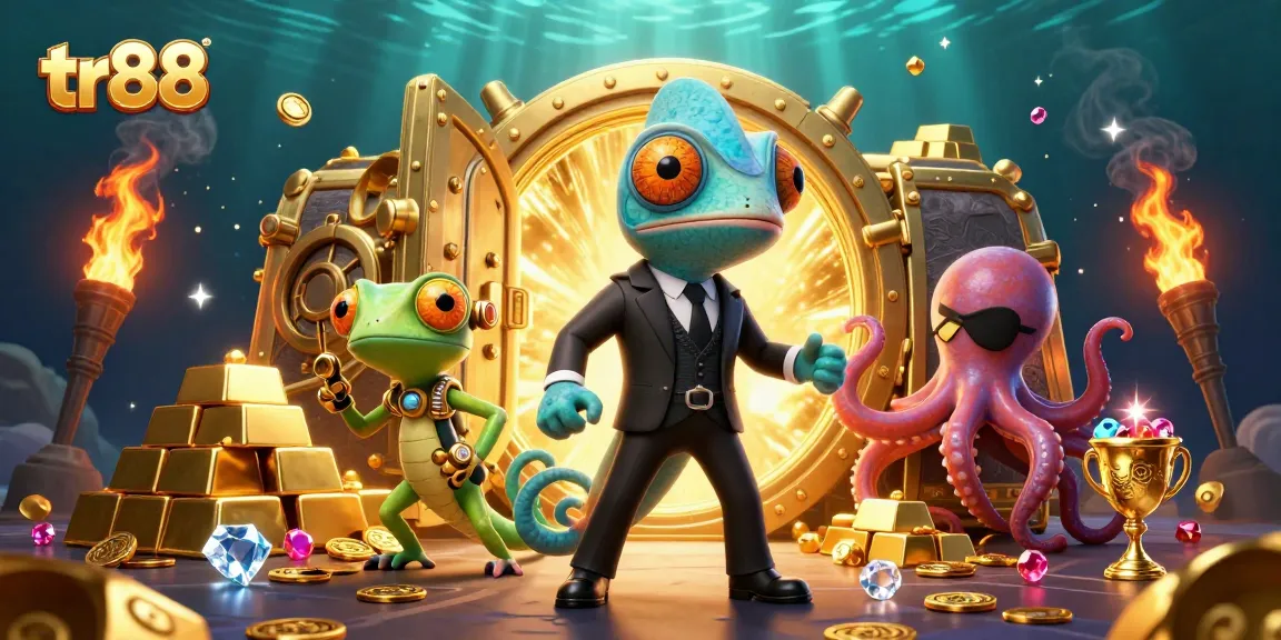Engage in thrilling casino adventures with tr88, featuring colorful secret agent characters in a dynamic treasure scene.