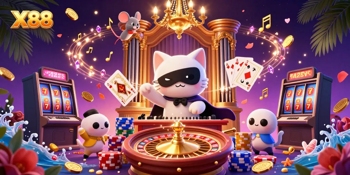 Experience excitement with X88 in a vibrant casino scene filled with dynamic gaming elements.