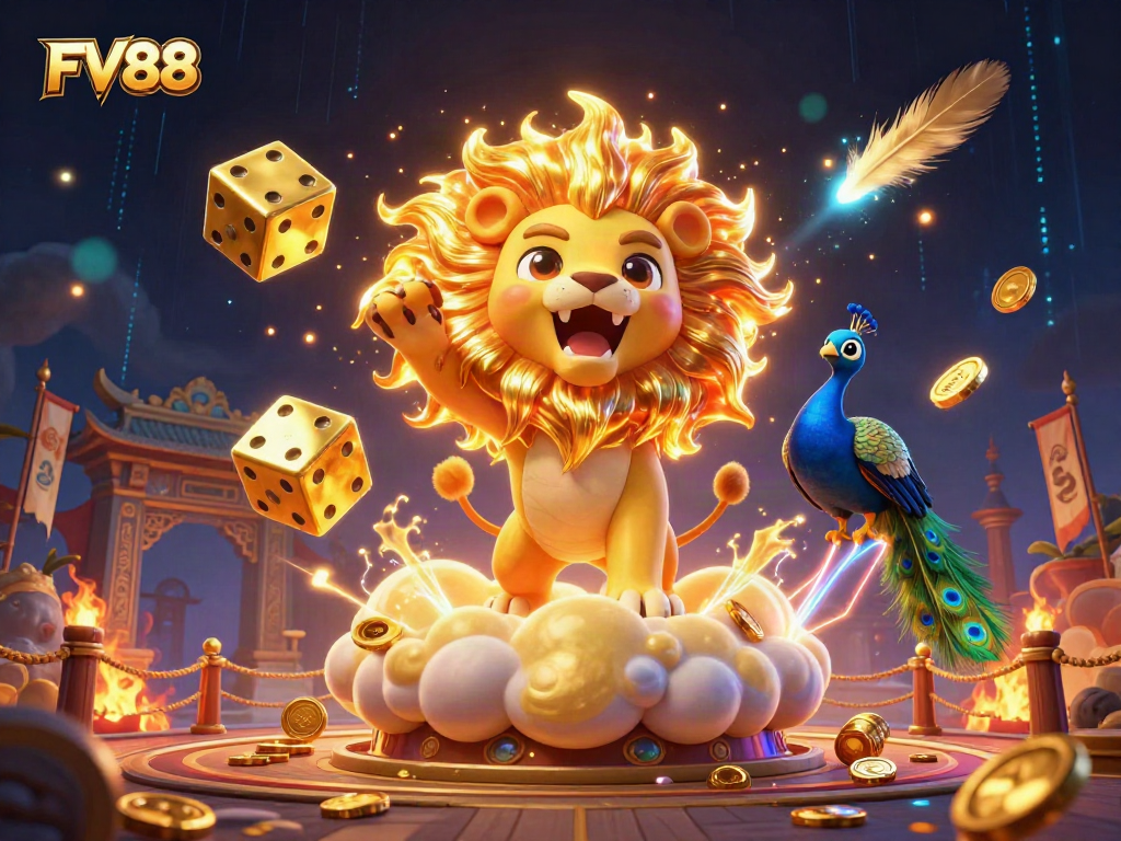 FV88 casino illustration featuring a lion, golden dice, and peacock in a vibrant Las Vegas scene.