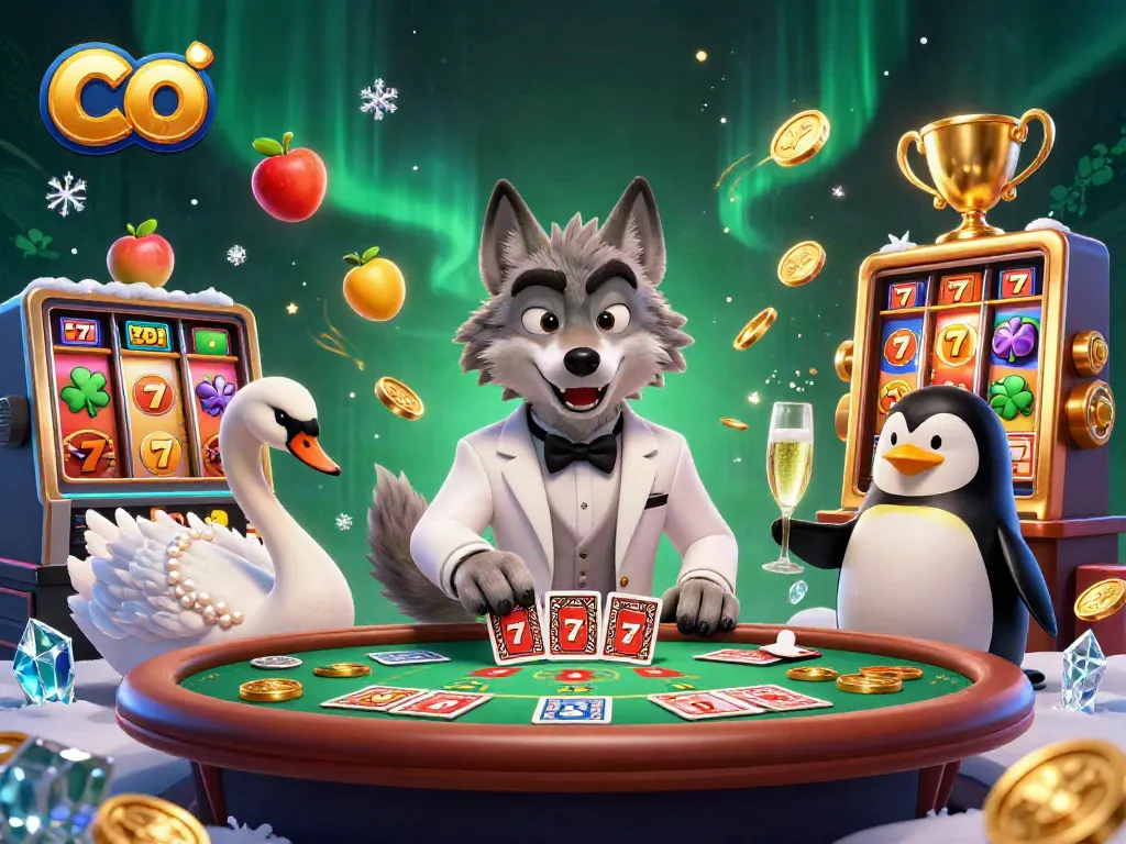 Engaging scene showcasing a debonair wolf, elegant swan, and sophisticated penguin at a vibrant baccarat table in a lively casino, co-themed.