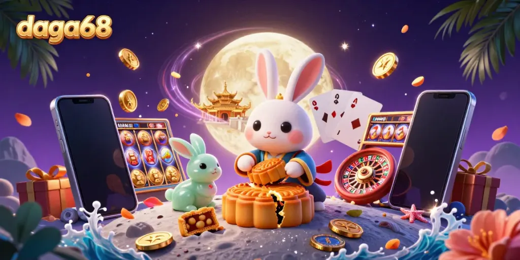 Engaging scene showcasing daga68 as a cartoon moon rabbit, gold mooncakes, and casino elements.