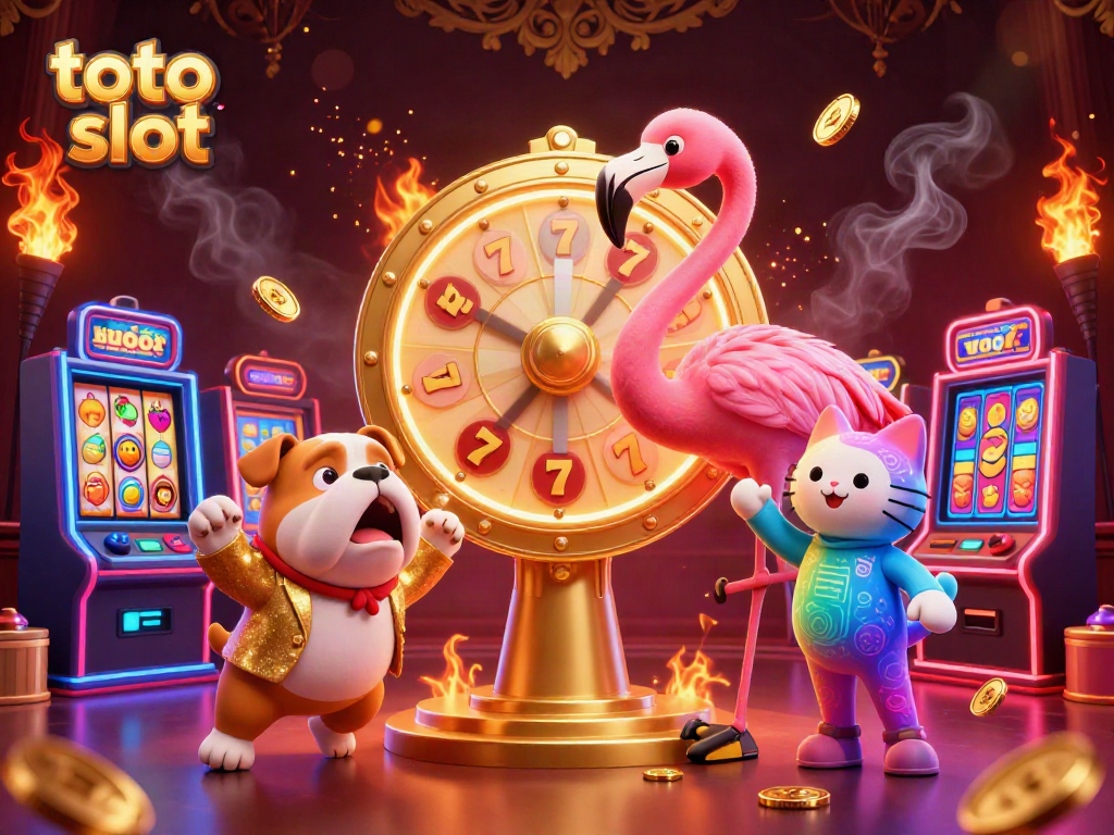 Engaging scene of a toto slot game with a flamingo host, bulldog contestant, and cat assistant.
