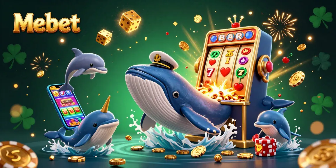 Mebet showcases a playful 3D scene with a captain whale, golden horn narwhal, and dolphins enjoying poker chips amidst casino excitement.
