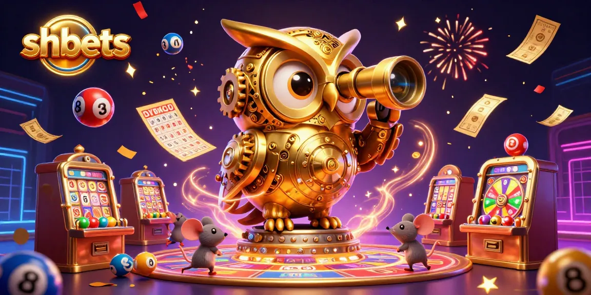 shbets delivers thrilling casino experiences, featuring a dynamic 3D illustration of an owl and playful mice among vibrant gaming elements.