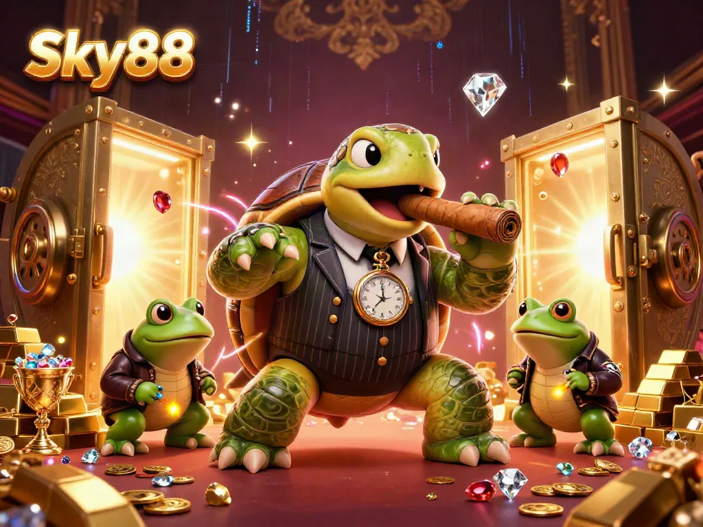 Experience the thrill of Sky88 as a cartoon turtle in a mobster suit celebrates winning with gems and gold!