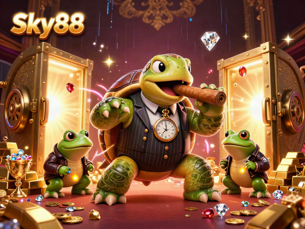 Experience the thrill of Sky88 as a cartoon turtle in a mobster suit celebrates winning with gems and gold!