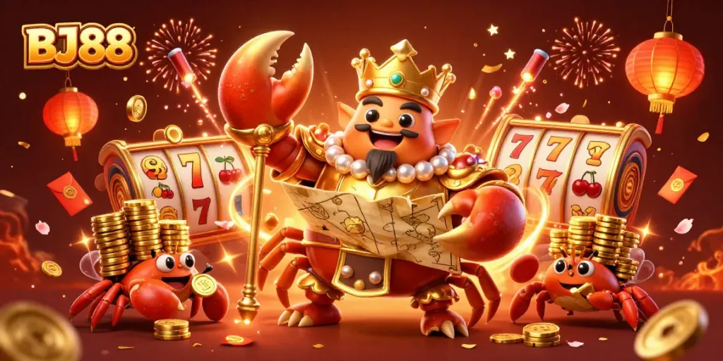 BJ88 Casino's vibrant 3D scene showcasing a golden crab emperor amid slots and festive decor.