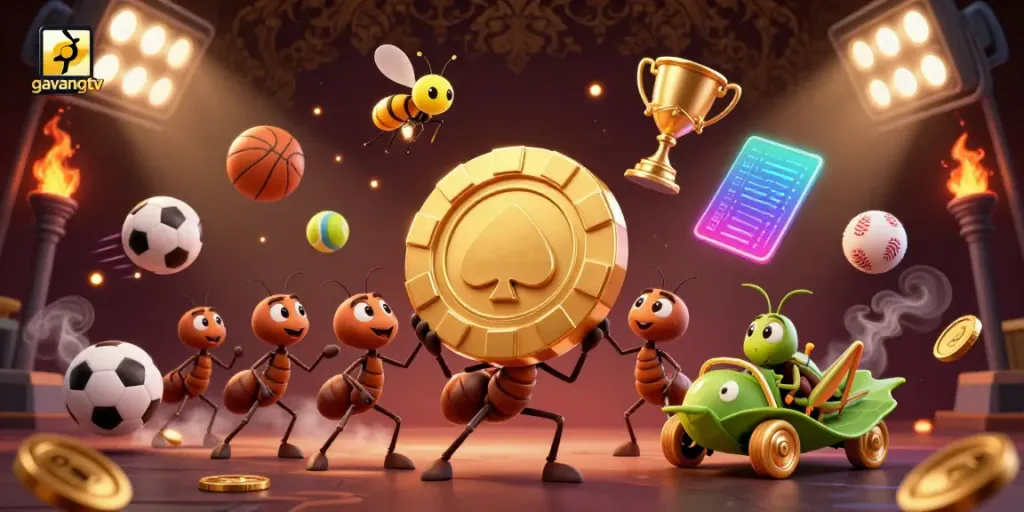 Gavangtv heist concept with ants carrying a giant poker chip, vibrant sports elements, and casino atmosphere.