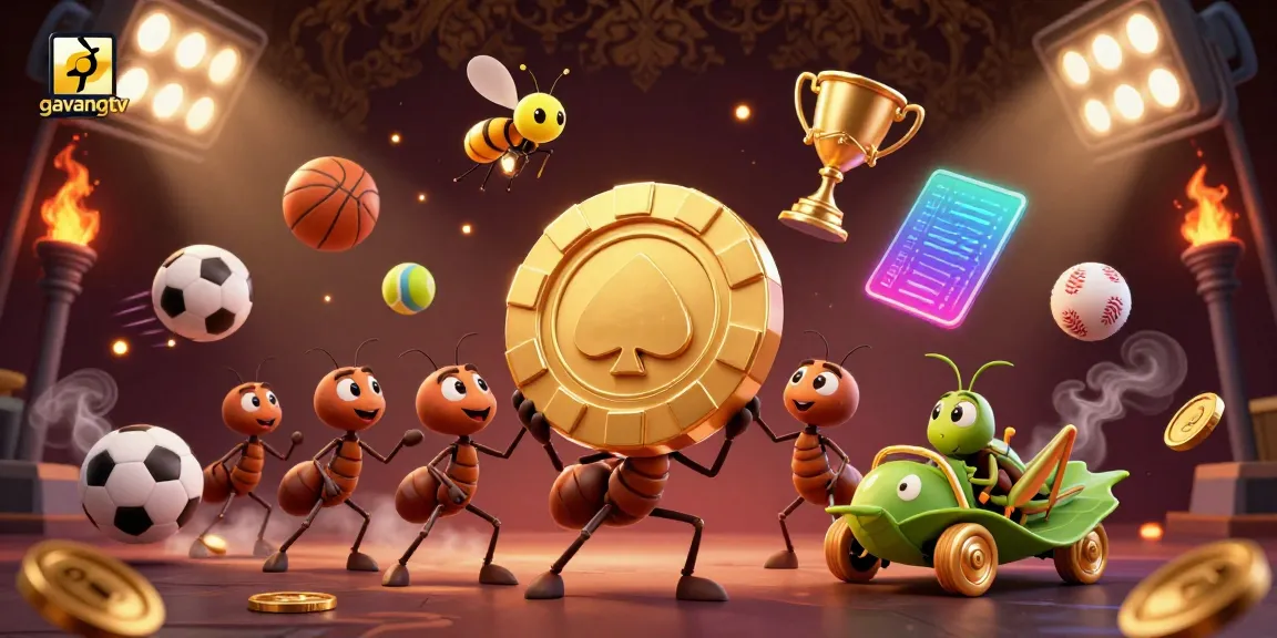 Gavangtv heist concept with ants carrying a giant poker chip, vibrant sports elements, and casino atmosphere.