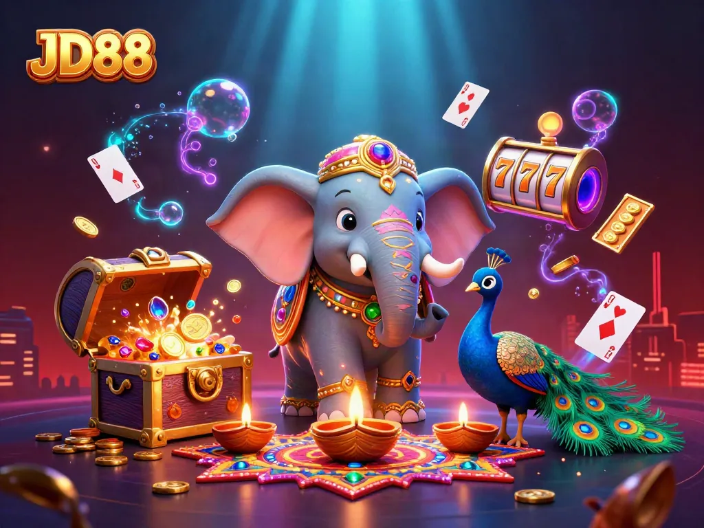 Spin the reels with JD88's festive gaming scene featuring vibrant Diwali characters.