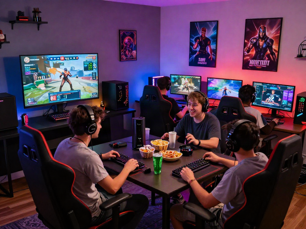 Excited gamers playing html porn games in a vibrant room.