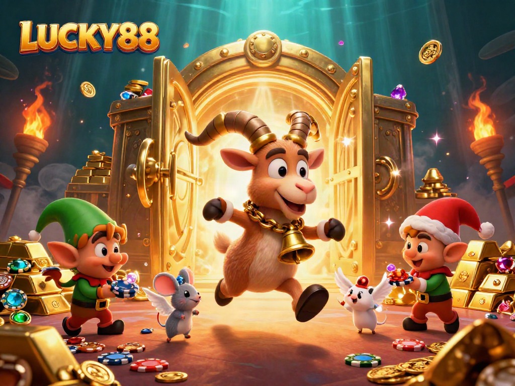 LUCKY88 embodies a vibrant casino scene with playful characters and a treasure vibe.