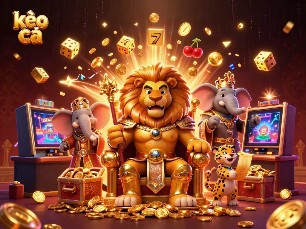 Experience thrilling moments with kèo nhà cái at a grand casino scene featuring a lion king and treasure elements.