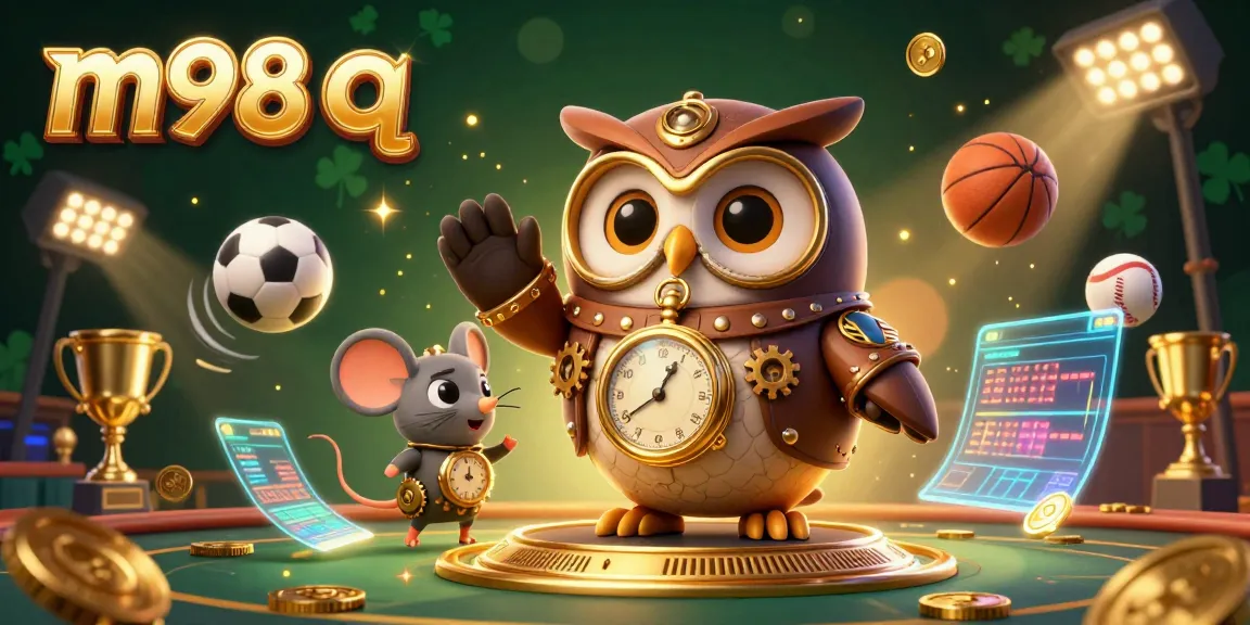 Engage in thrilling gaming adventures at m98 q with a dynamic scene featuring a steampunk owl and sports elements.