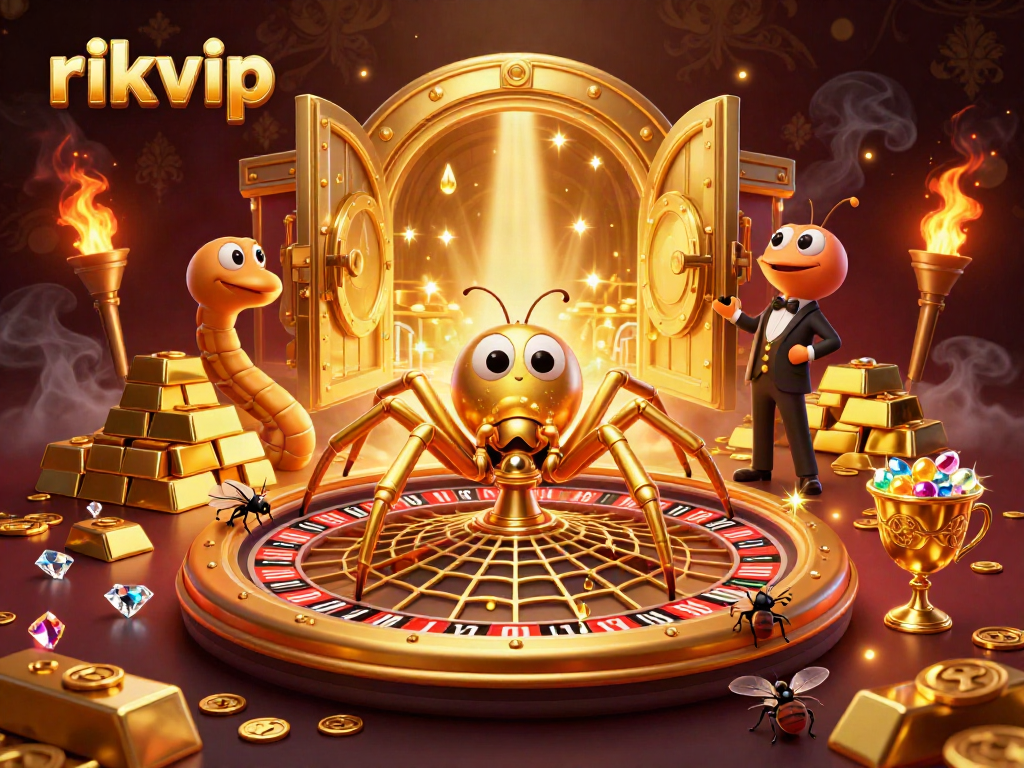 Bet using rikvip's gambling features in a vibrant, animated casino scene.