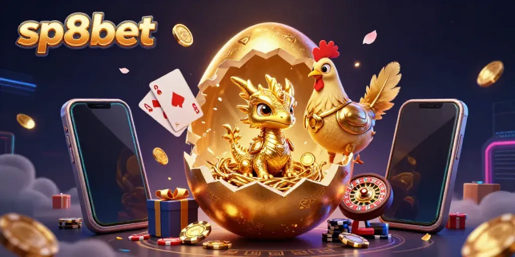 Experience the excitement at sp8bet with a golden dragon and rich casino elements in a dynamic 3D illustration.