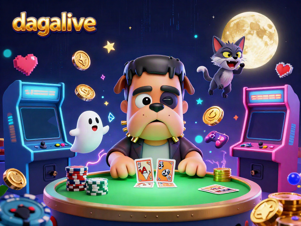 Experience thrilling betting action at dagalive with a Frankenstein bulldog dealer, amidst colorful casino elements.