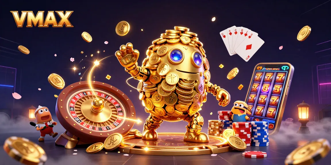 Experience the thrill of VMAX in a dynamic casino scene featuring golden golem and slot symbols.