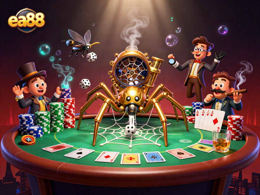 ea88 immerses players in a vibrant steampunk casino world, featuring a golden spider and rich gambling elements.