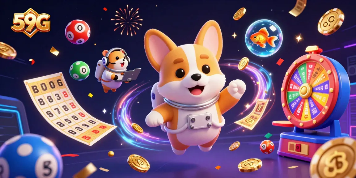 Experience the thrilling 59G casino atmosphere with floating characters and dynamic game elements in this vibrant scene.