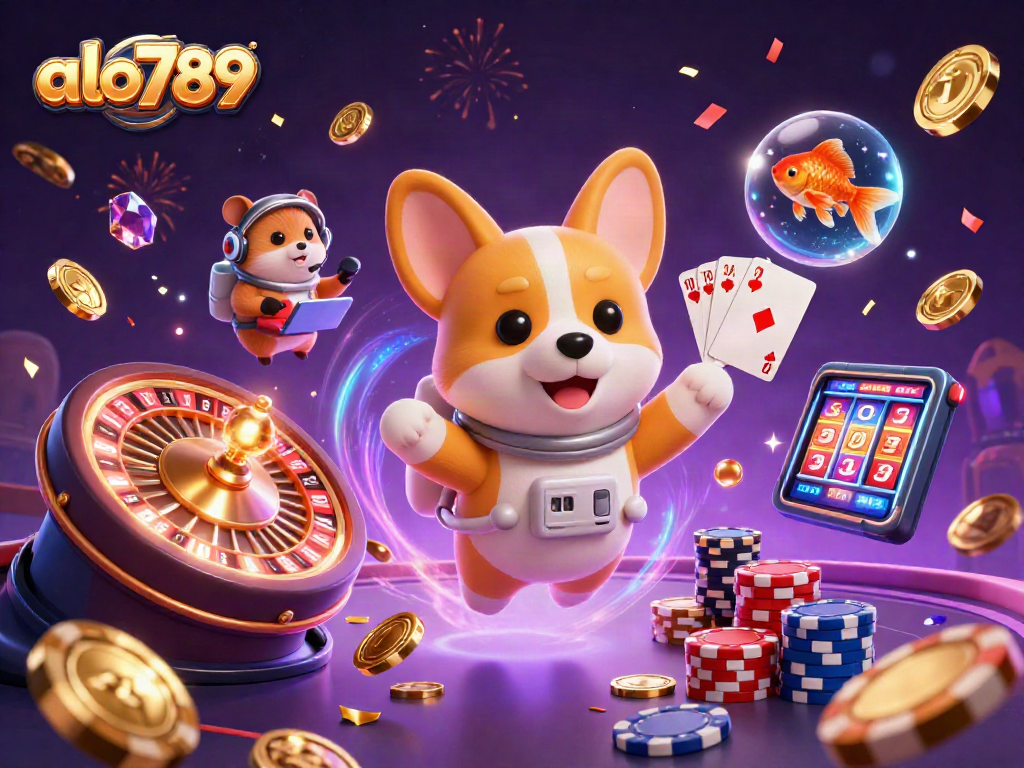 Alo789's vibrant space casino scene featuring an astronaut corgi amidst floating poker chips and golden coins.