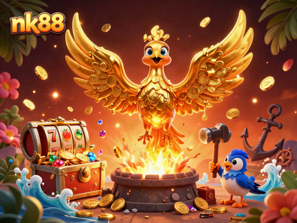 nk88 casino scene with golden phoenix and explosive treasure, featuring vibrant gaming elements.