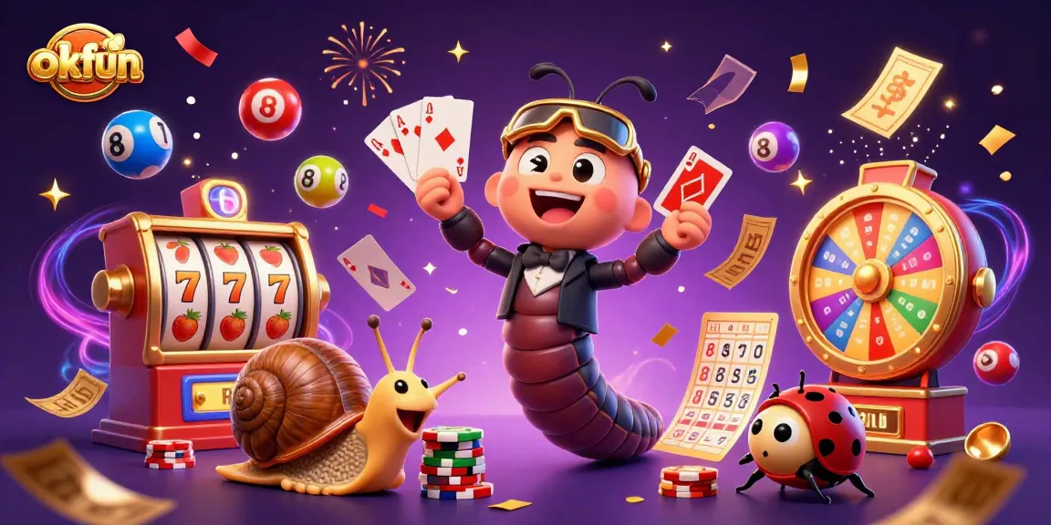 Engage in exciting gameplay at okfun with colorful slot reels and vibrant casino characters.