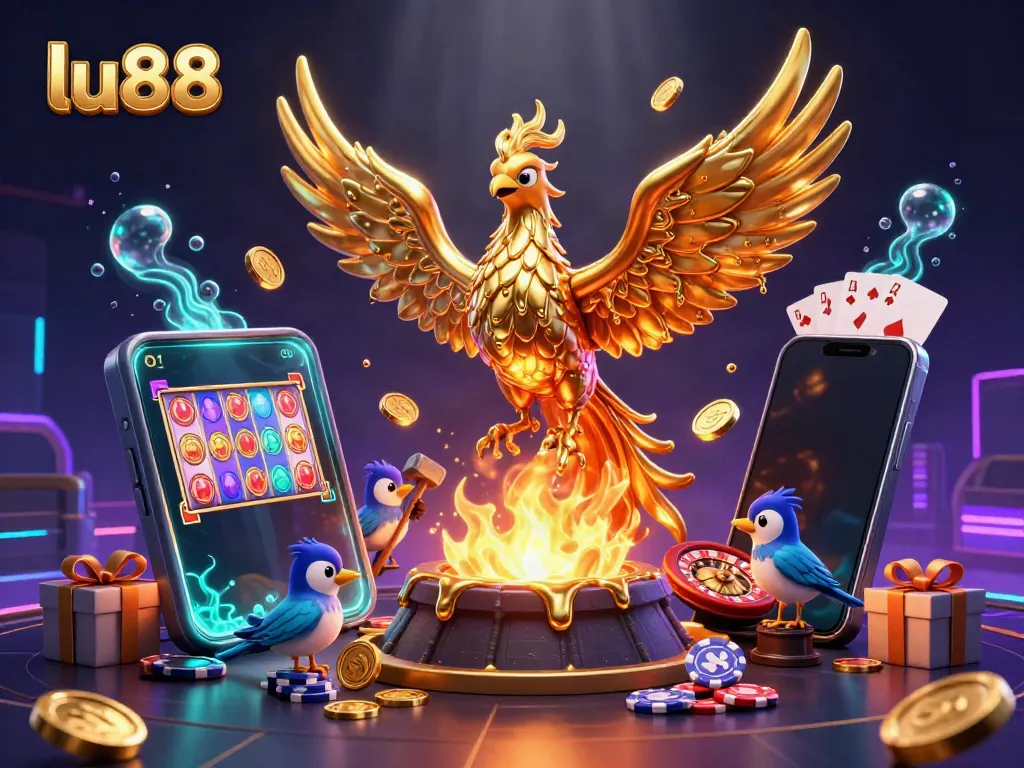 Experience thrilling gaming at lu88 with vibrant casino elements like a molten phoenix and dynamic slot games.