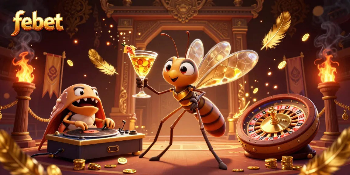 Experience febet's lively casino atmosphere with vibrant characters and golden gaming elements.
