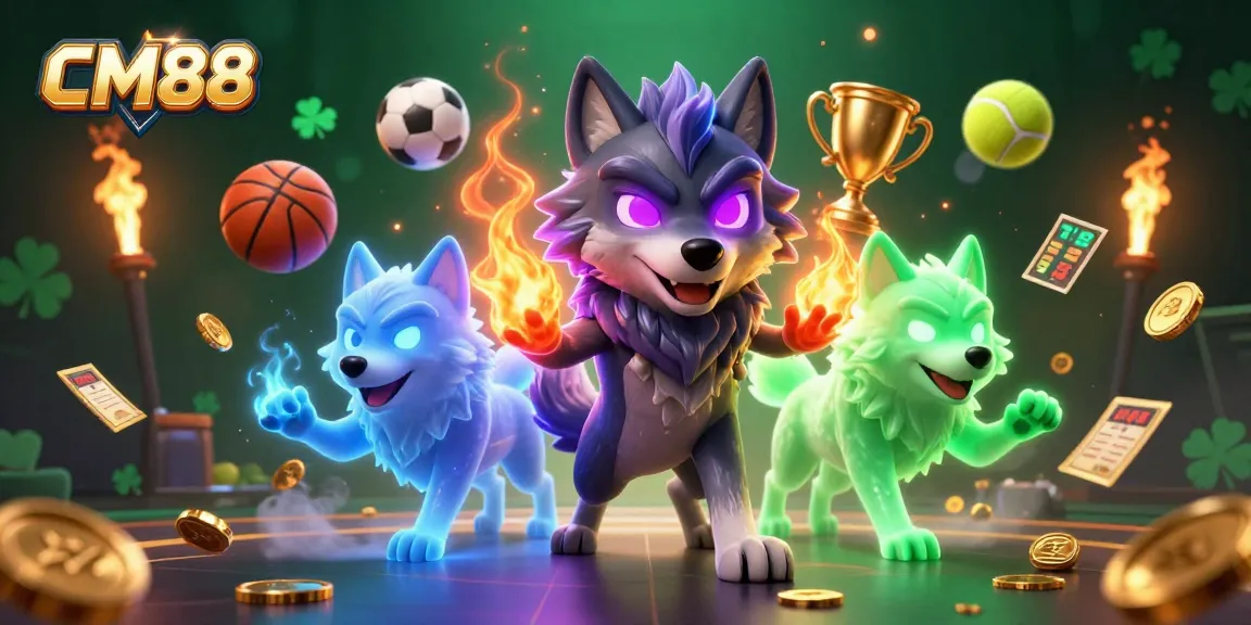Bet big with CM88: A dynamic casino illustration showcasing thrilling sports betting elements and vibrant character action.