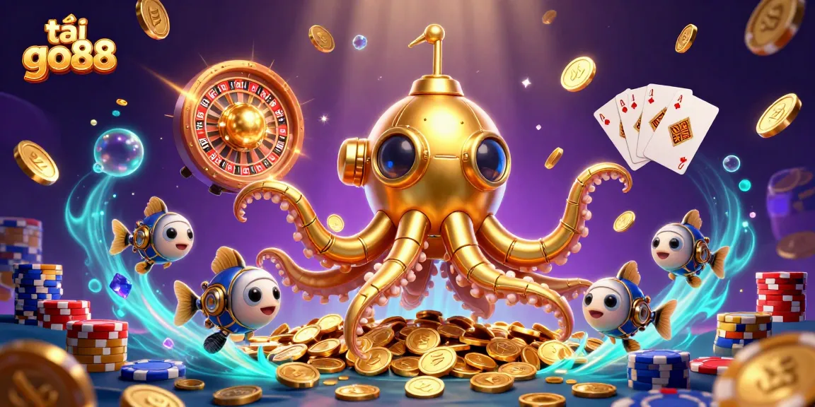 Engage in thrilling play with tải go88, featuring vivid imagery of a golden kraken submarine amidst dazzling casino elements.